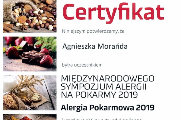 Certyfikat - Alergia pokarmowa 2019